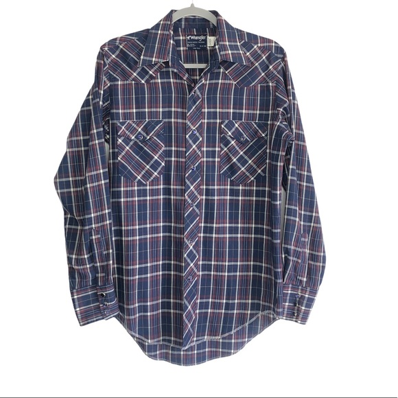 Wrangler Shirt Plaid Long Tails Purple Pearl Snaps Western - Picture 1 of 10